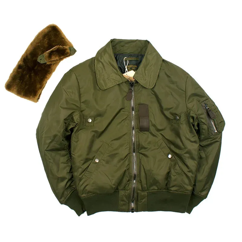 B-15 Bomber Jacket with Detachable Wool Collar - Oversize Thicken Military Coat