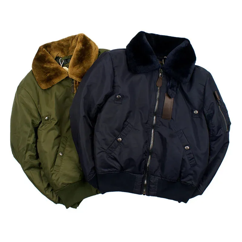 B-15 Bomber Jacket with Detachable Wool Collar - Oversize Thicken Military Coat