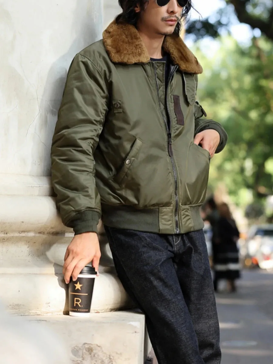 B-15 Bomber Jacket with Detachable Wool Collar - Oversize Thicken Military Coat