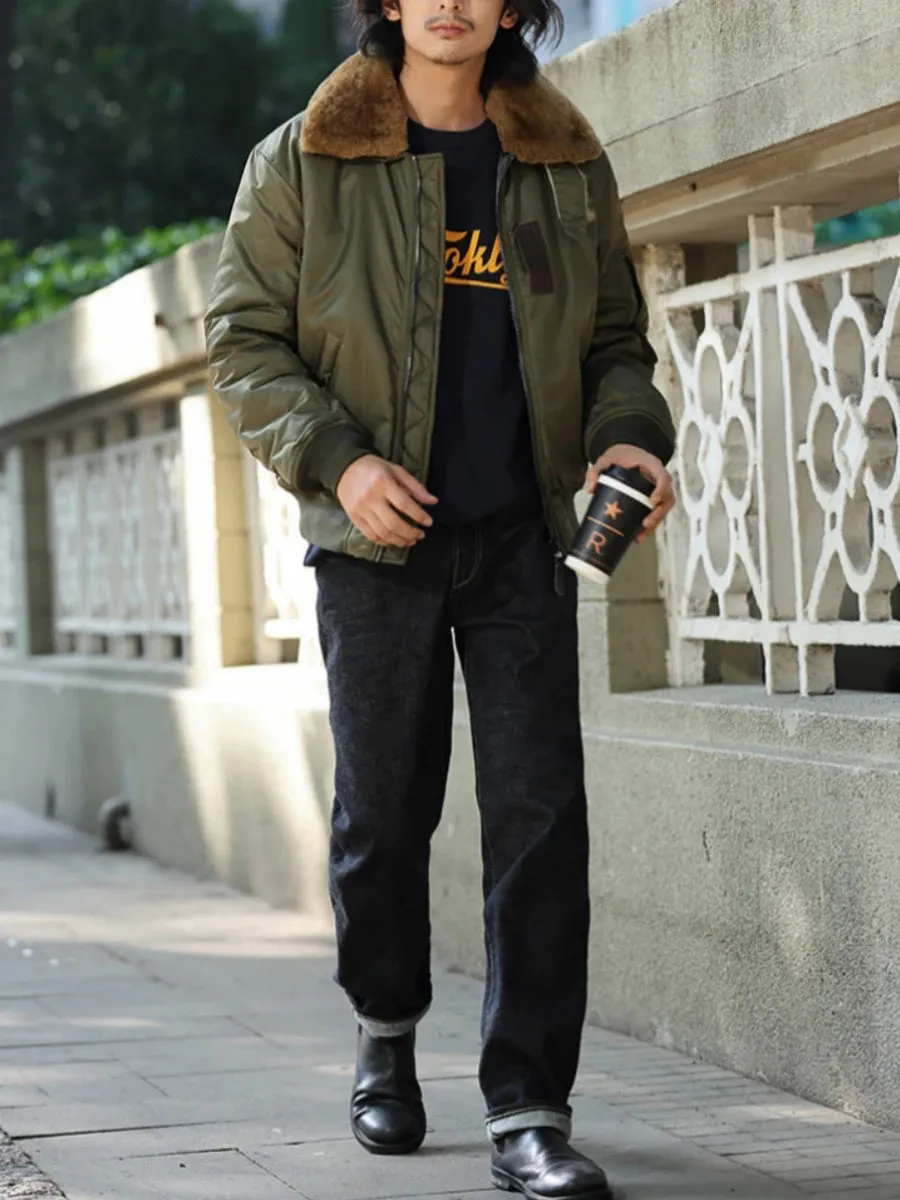 B-15 Bomber Jacket with Detachable Wool Collar - Oversize Thicken Military Coat
