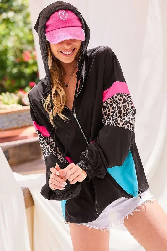 Black Hood Full Zipup Leopard Color Block Windbreaker