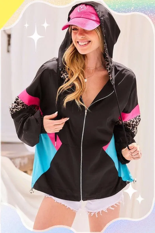 Black Hood Full Zipup Leopard Color Block Windbreaker