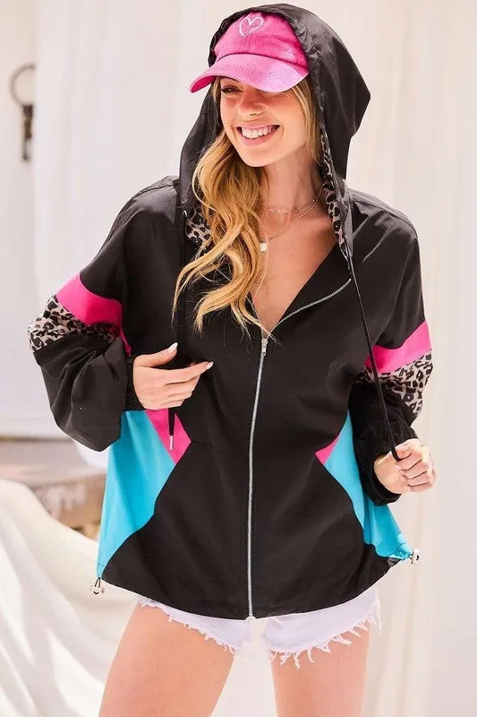 Black Hood Full Zipup Leopard Color Block Windbreaker