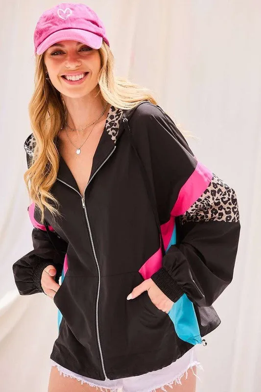 Black Hood Full Zipup Leopard Color Block Windbreaker