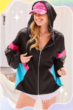 Black Hood Full Zipup Leopard Color Block Windbreaker