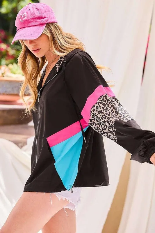 Black Hood Full Zipup Leopard Color Block Windbreaker