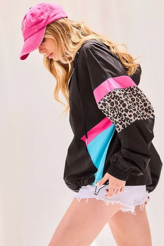 Black Hood Full Zipup Leopard Color Block Windbreaker