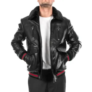 Handmade Men's Genuine Lambskin Leather Bomber Jacket with Removable Fur Collar