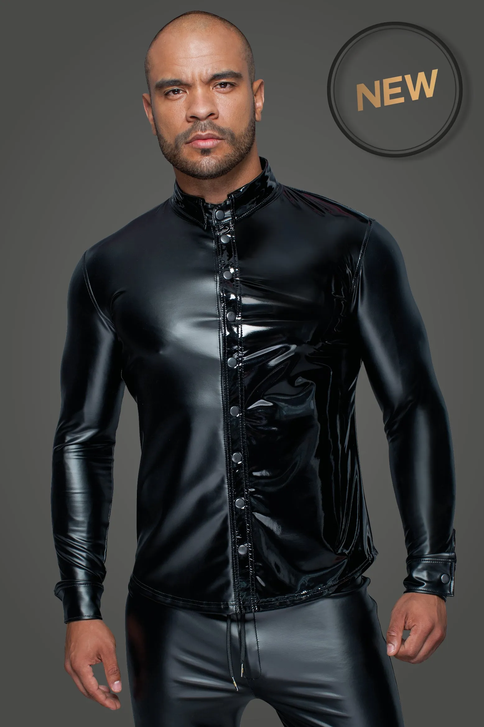 Long-sleeved wetlook & PVC shirt with buttons