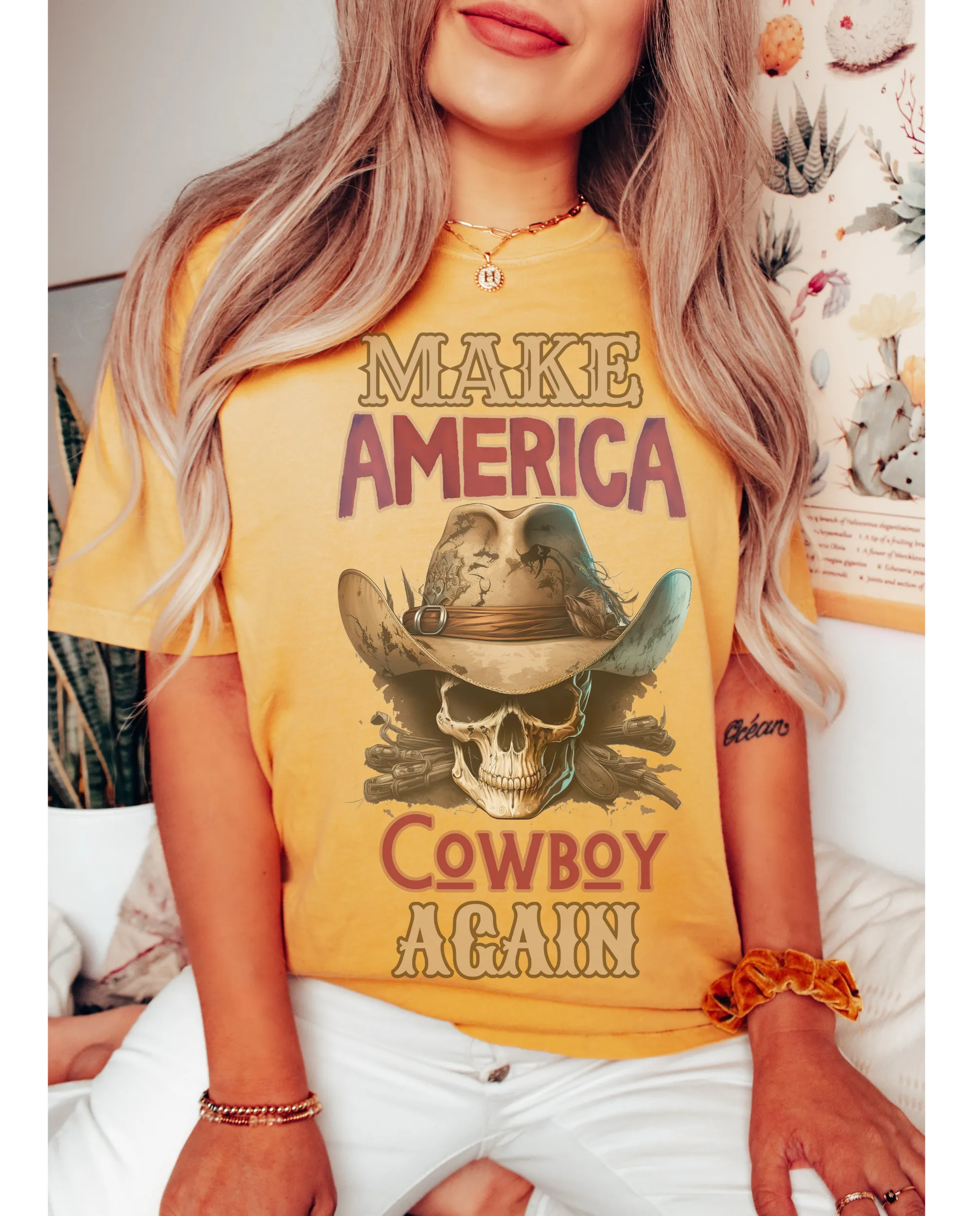 Make America Cowboy Again Comfort Colors® T-Shirt, T-Shirt Dress, Watercolor Cowboy Skeleton Skull T-Shirt