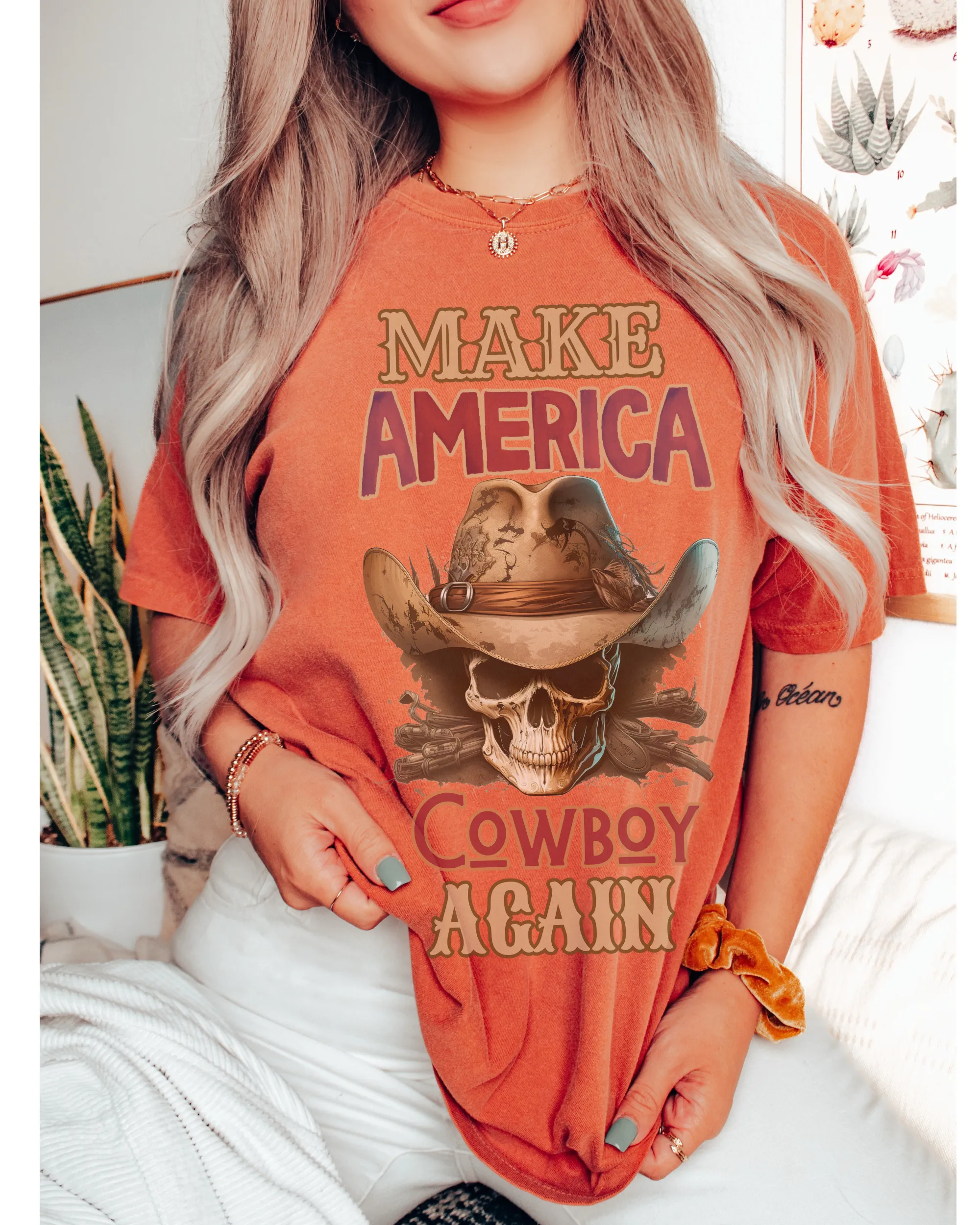 Make America Cowboy Again Comfort Colors® T-Shirt, T-Shirt Dress, Watercolor Cowboy Skeleton Skull T-Shirt