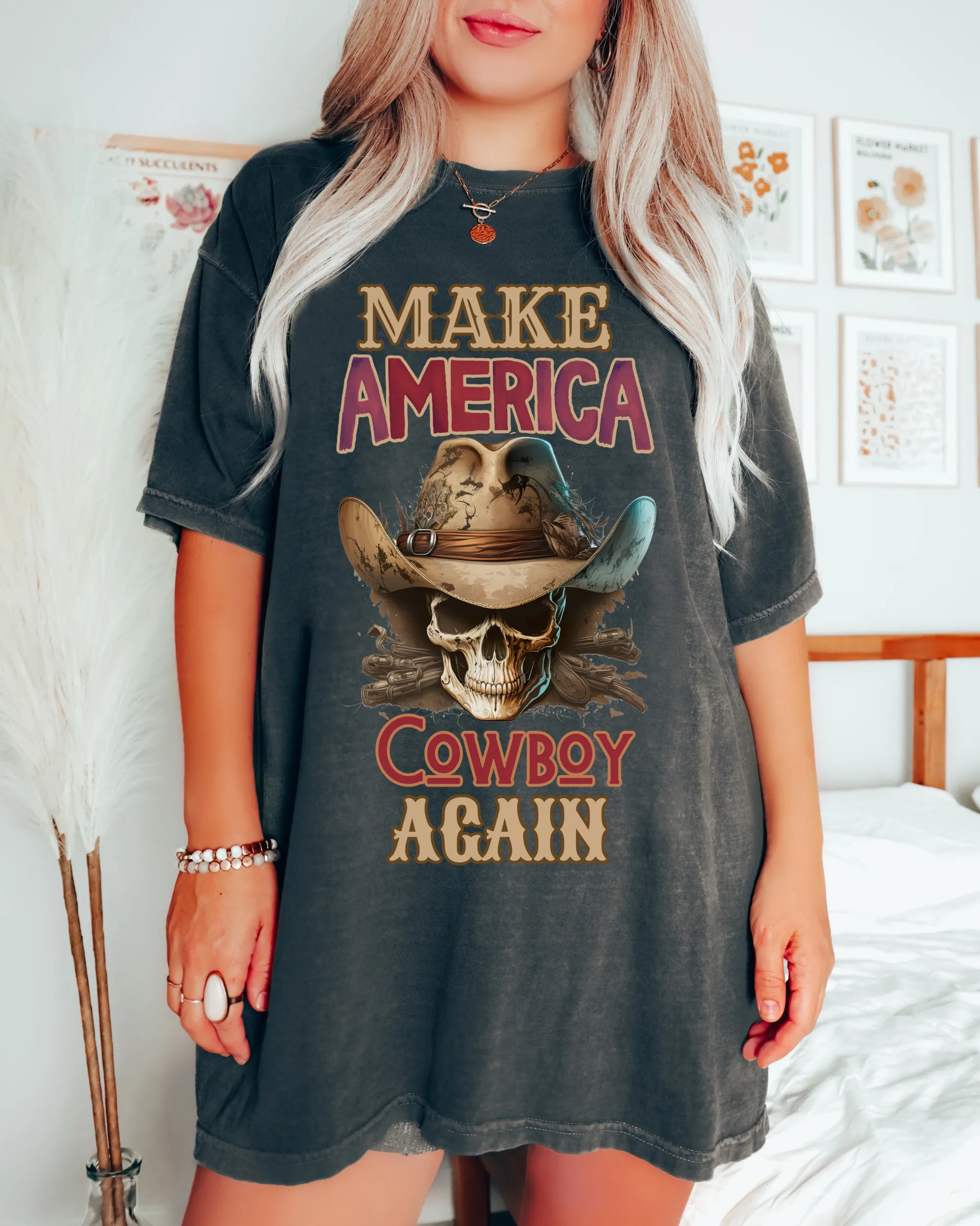 Make America Cowboy Again Comfort Colors® T-Shirt, T-Shirt Dress, Watercolor Cowboy Skeleton Skull T-Shirt