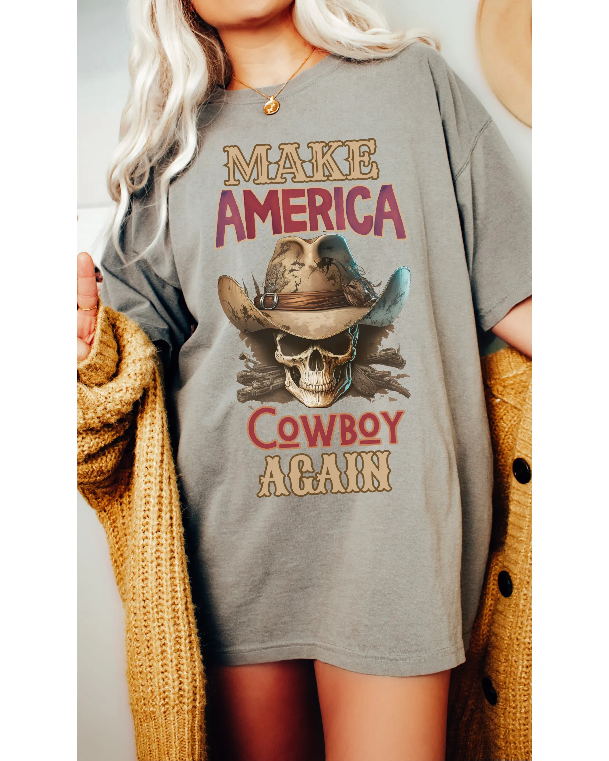 Make America Cowboy Again Comfort Colors® T-Shirt, T-Shirt Dress, Watercolor Cowboy Skeleton Skull T-Shirt