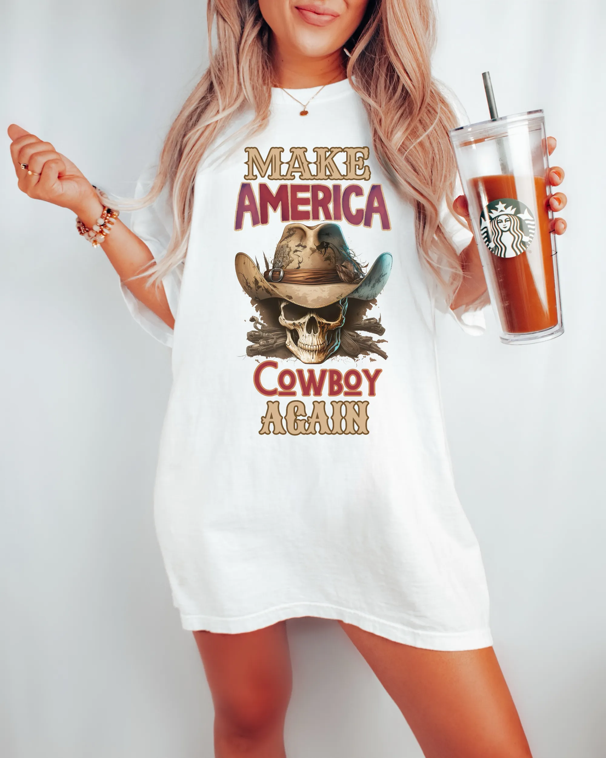 Make America Cowboy Again Comfort Colors® T-Shirt, T-Shirt Dress, Watercolor Cowboy Skeleton Skull T-Shirt