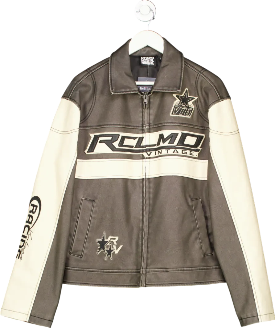 Reclaimed Vintage Brown Unisex Leather Look Washed Bomber Jacket With Branding UK 8