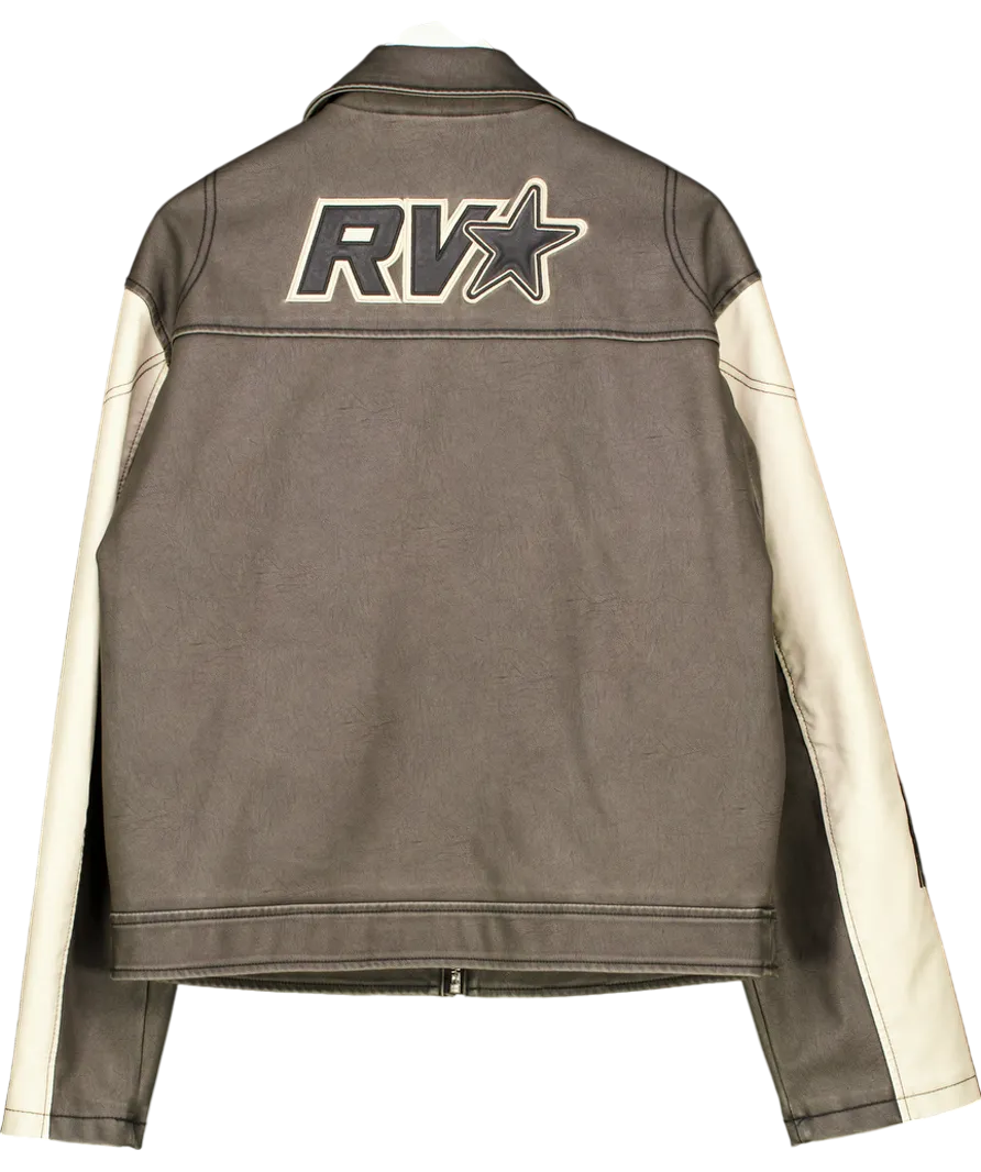 Reclaimed Vintage Brown Unisex Leather Look Washed Bomber Jacket With Branding UK 8