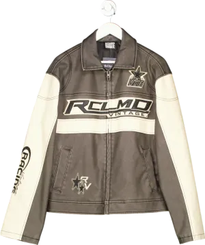 Reclaimed Vintage Brown Unisex Leather Look Washed Bomber Jacket With Branding UK 8