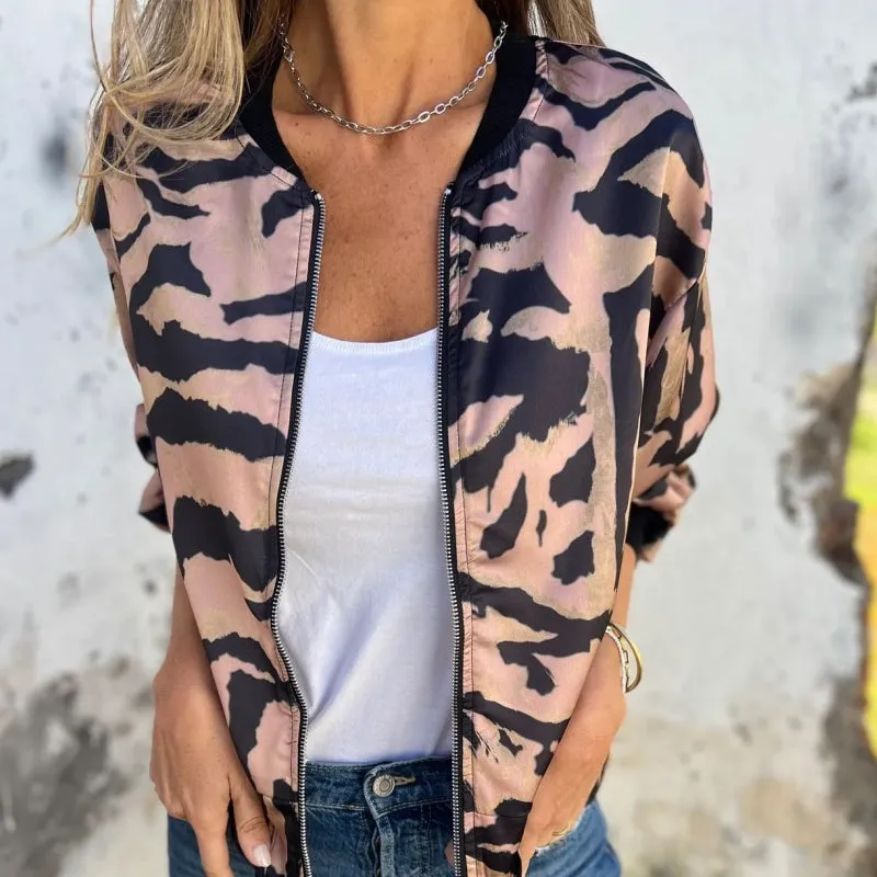 Spring Specials Women's Fall Zebra Print Zipper Bomber Jacket