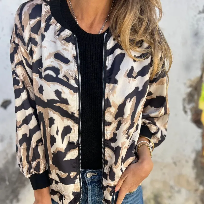 Spring Specials Women's Fall Zebra Print Zipper Bomber Jacket