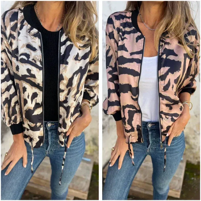 Spring Specials Women's Fall Zebra Print Zipper Bomber Jacket