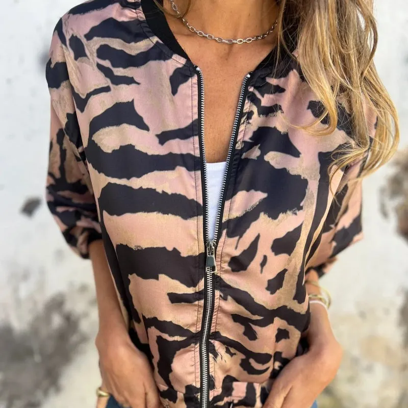 Spring Specials Women's Fall Zebra Print Zipper Bomber Jacket
