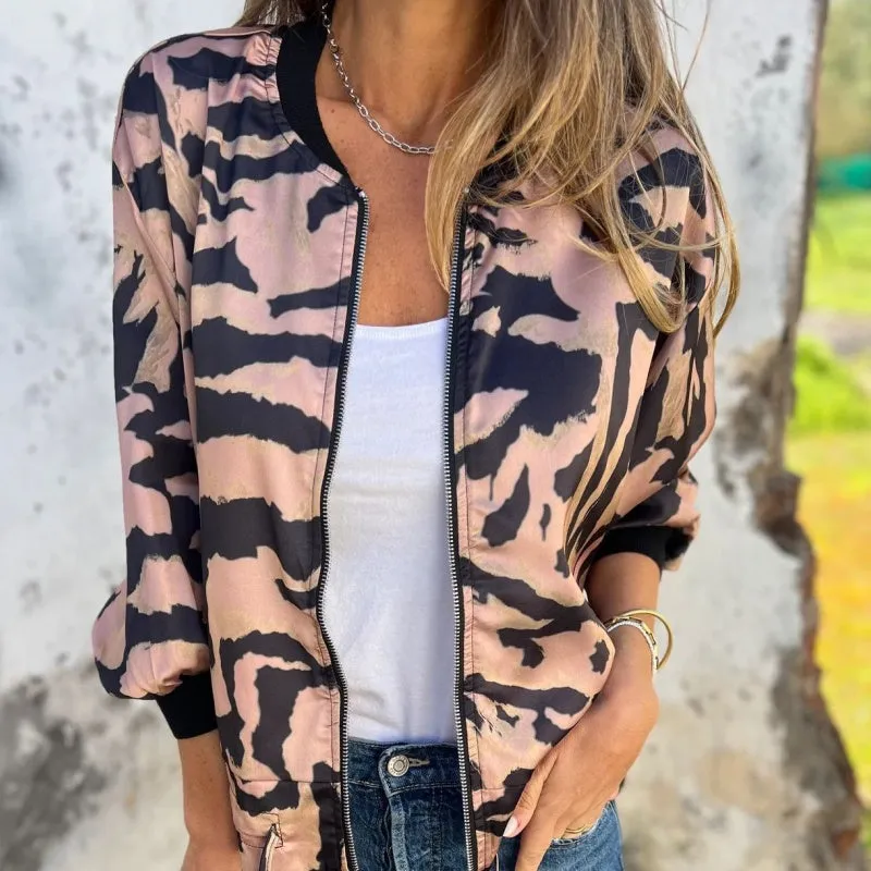 Spring Specials Women's Fall Zebra Print Zipper Bomber Jacket