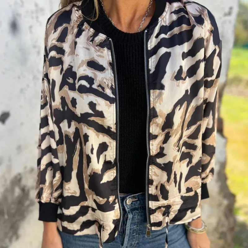Spring Specials Women's Fall Zebra Print Zipper Bomber Jacket