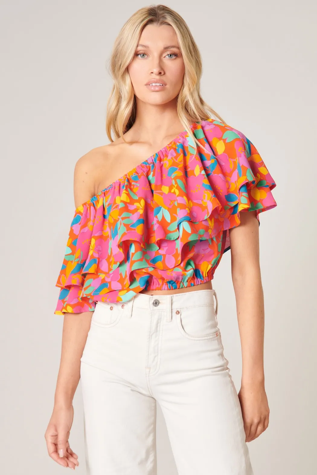 Sweet Soul Fruity Floral One Shoulder Ruffle Top
