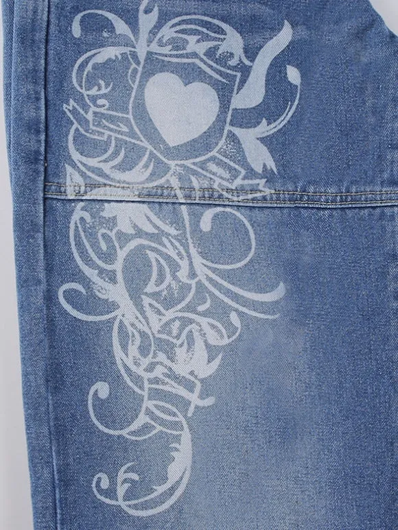 Wenkouban Y2k faded heart print cargo jeans